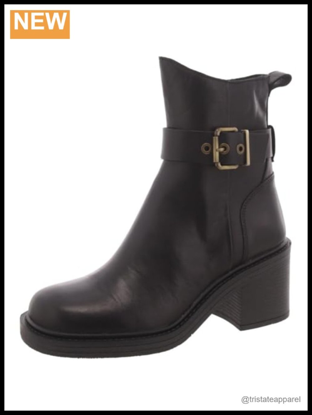 Leather Block Heel Ankle Boots Side Zip Buckle Strap Women's